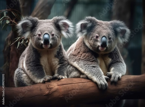 Koalas are sitting on a branch at the zoo