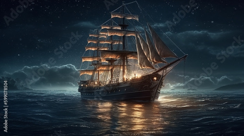 Pirate ship in the sea at night.generative ai