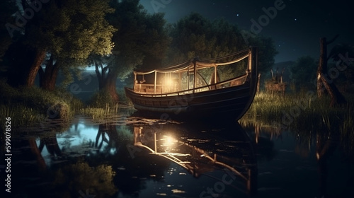 Pirate ship in the sea at night.generative ai