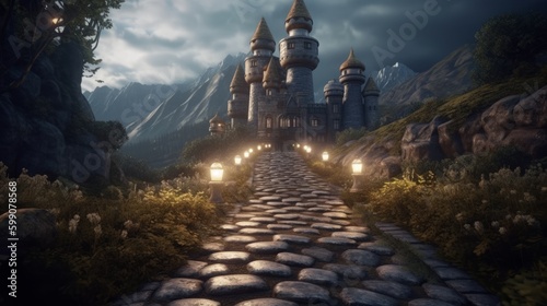 Path leading to mystical castle. Made with Generative AI. 