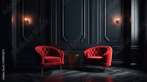 Elegant dark interior with bright red armchairs, 3d render, Bright color. Generative Ai