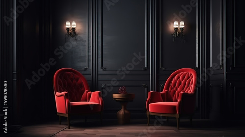 Red couch, sofa modern dwelling interior design. Generative Ai