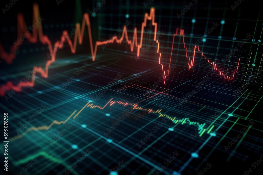 digital financial market graph concept, blue matrix environment ,red color line bar graph chart, generative ai