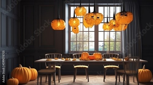 Fototapeta Naklejka Na Ścianę i Meble -  Halloween dining room interior with pumpkins, 3d render, Bright color. Generative Ai