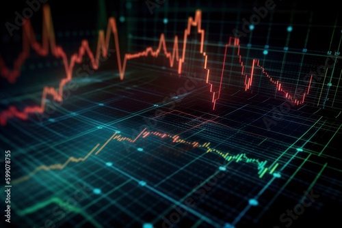 digital financial market graph concept, blue matrix environment ,red color line bar graph chart, generative ai