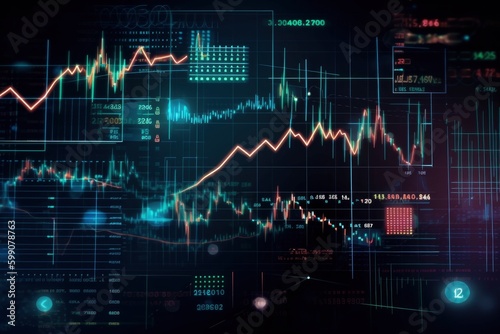 digital financial market graph concept, blue matrix environment ,red color line bar graph chart, generative ai