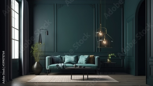 Home interior, dark vintage living room background. Generative Ai © hassanmim2021