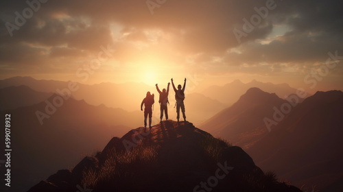 Silhouettes of happy friends with raised hands standing on top of a mountain during sunset.generative ai © S...