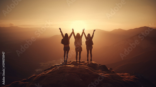 Silhouettes of happy friends with raised hands standing on top of a mountain during sunset.generative ai