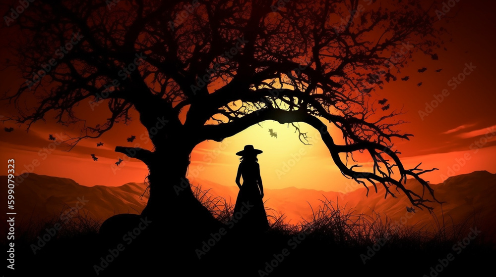 Illustration of a witch in the forest at sunset. generative ai