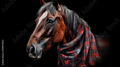 portrait of a horse with a plaid on a black background.generative ai