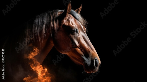 portrait of a bay horse in the fire on a black background.generative ai