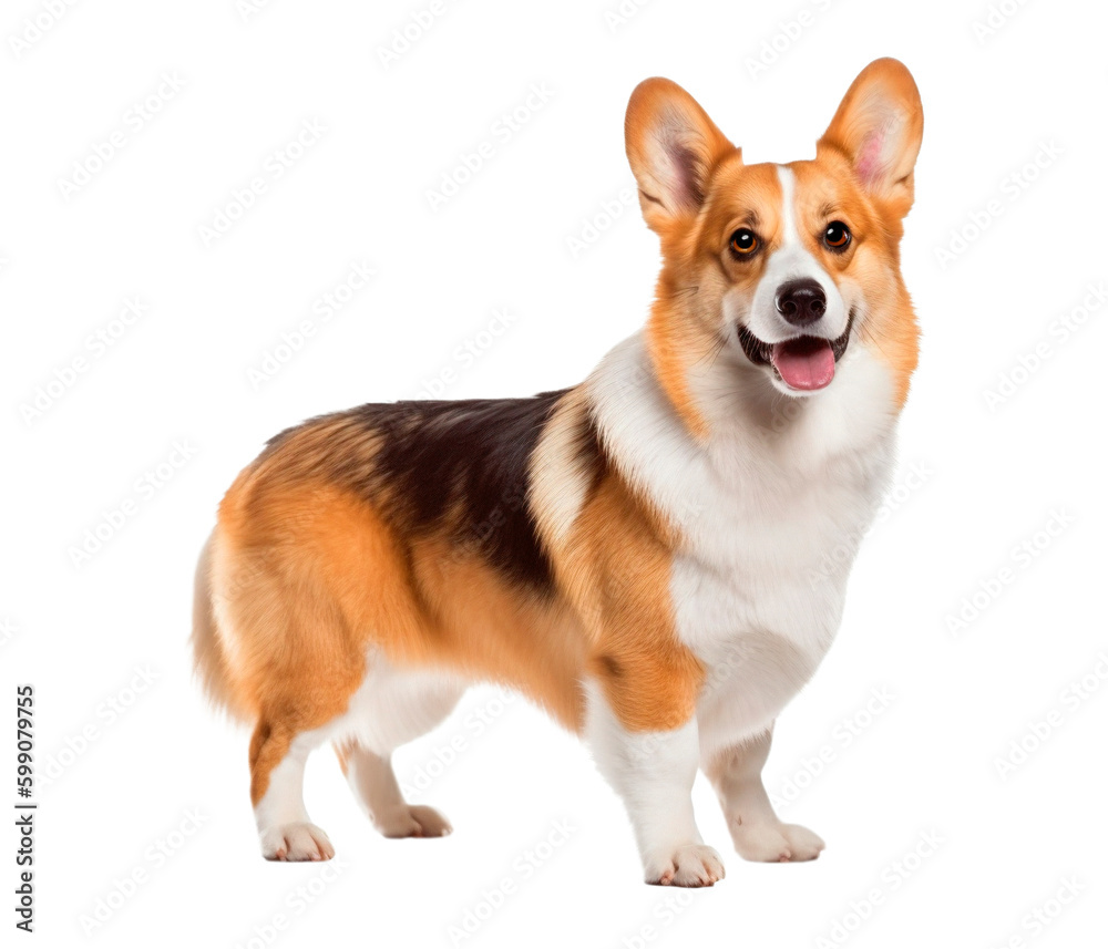Happy standing Corgi dog on a transparent background. Generative AI