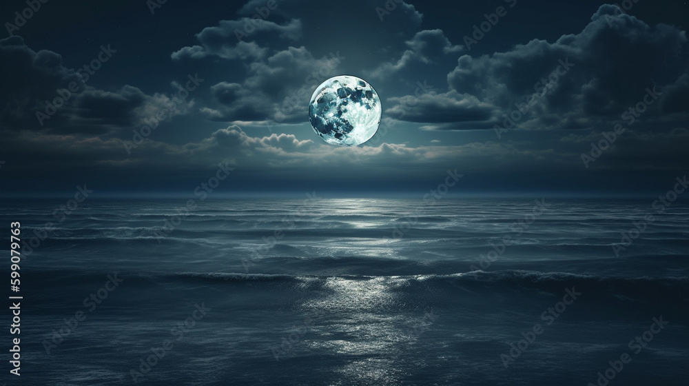 The moon in the night sky over the sea.generative ai