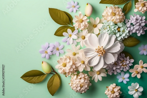 Composition of flower on green pastel background. Table top view in flat lay style. Illustration for Mother s day  Women s day  Valentines Day  Birthday and Wedding. Generative Ai.