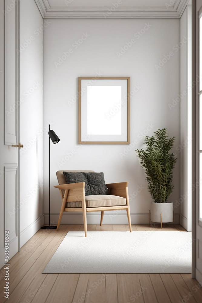 Mockup poster frame in modern living room interior. Template. Stylish home decor. AI-generated image Mockup poster frame in modern living room interior. Template. Stylish home decor. AI-generated image
