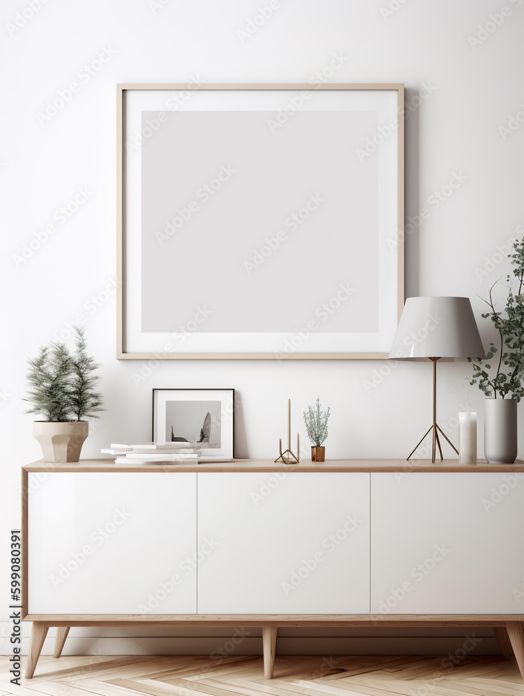 Mockup poster frame in modern living room interior. Template. Stylish home decor. AI-generated image Mockup poster frame in modern living room interior. Template. Stylish home decor. AI-generated image