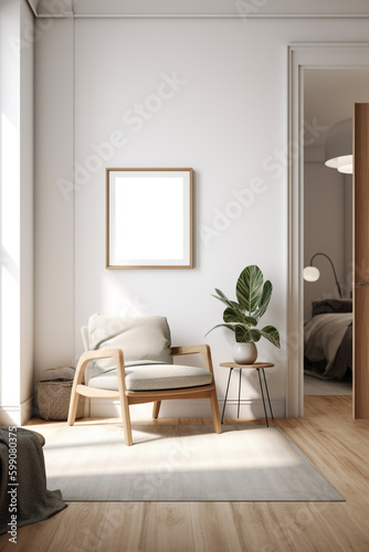 Mockup poster frame in modern living room interior. Template. Stylish home decor. AI-generated image