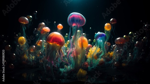 Colorful fantasy underwater scene captured with wide-angle lens and festive lighting creates a stunning backdrop of neon jellyfish and sparkling bubbles, Generative AI © Georgy