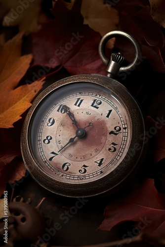 Breathtaking close-up photograph of a vintage clock and fallen leaves, symbolizing the beginning of the fall season and showcasing the intricate details of the dial. Created with generative A.I.