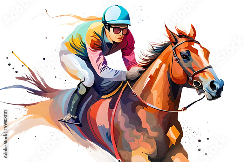 Generative AI. Illustration of Abstract racing horse with jockey from splash of watercolors on white background. Illustration of paints. © Jawad