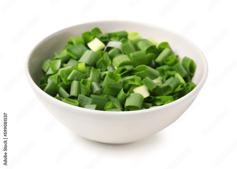 Bowl with fresh cut green onion on white background Bowl with fresh cut green onion on white background