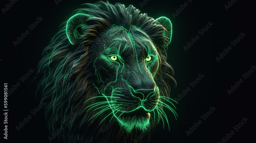 Lion head with green neon light on black background.generative ai