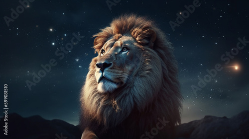 Big male lion in the starry sky.generative ai