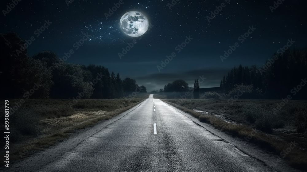 Country road at night with moon and stars.generative ai