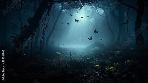 Mysterious forest in a fog at night.generative ai
