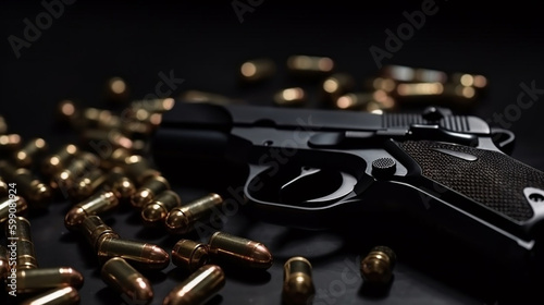 Gun and bullets on a black background. The concept of crime.generative ai
