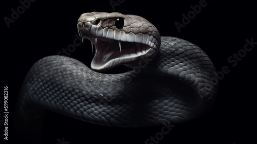 Close-up of a snake's mouth on a black background.generative ai