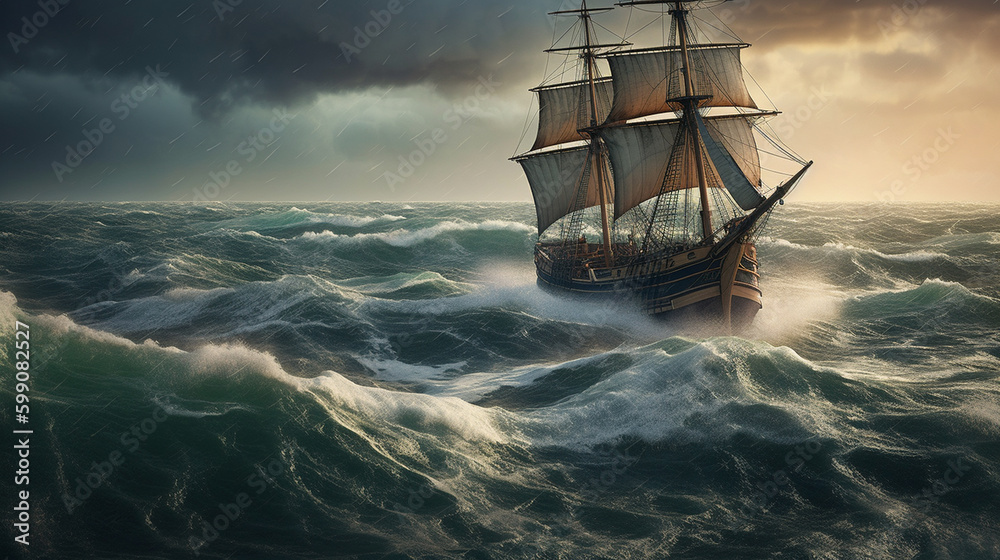 Obraz premium Pirate ship in stormy sea.generative ai