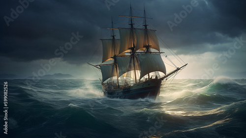 Pirate ship in stormy sea.generative ai