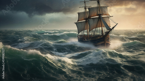 Pirate ship in stormy sea.generative ai © S...