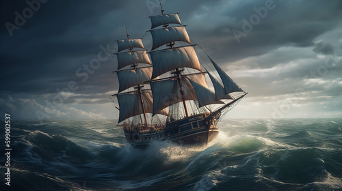 Pirate ship in stormy sea.generative ai