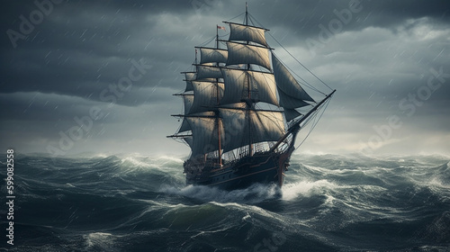 Pirate ship in stormy sea.generative ai