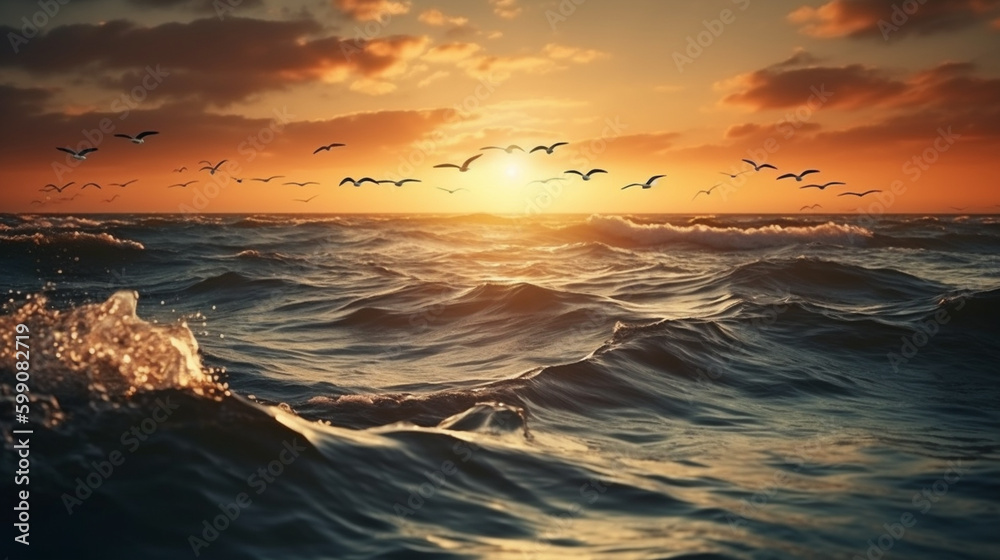 Seagull flying over the sea at sunset.generative ai