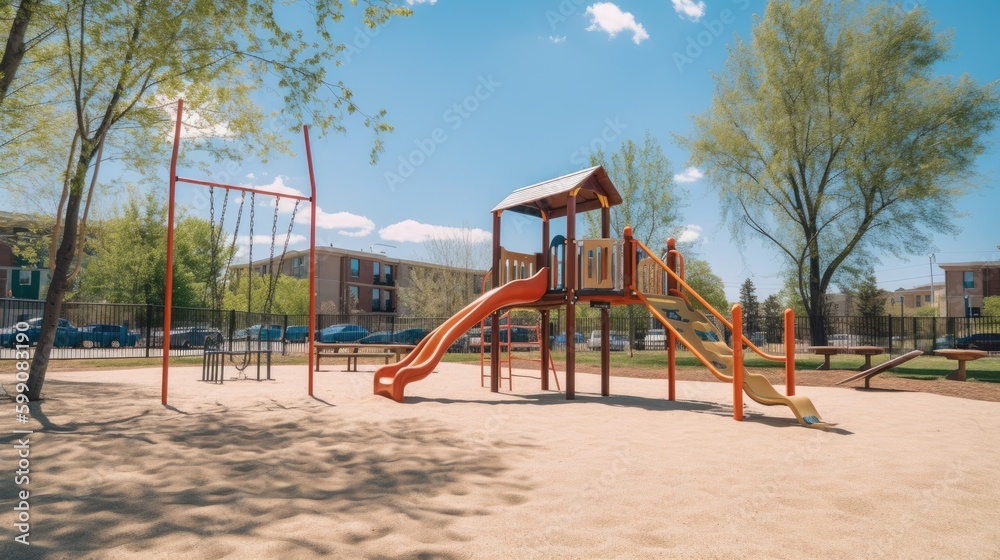 A children's playground in a park. Generative AI A children's playground in a park. Generative AI