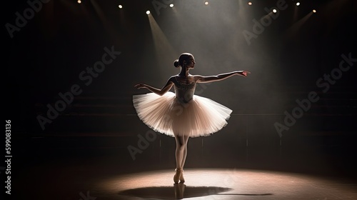 A ballet dancer with a tutu and pointe shoes on stage. Generative AI  photo