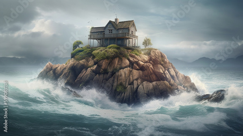Abandoned house on the rock in the ocean.generative ai
