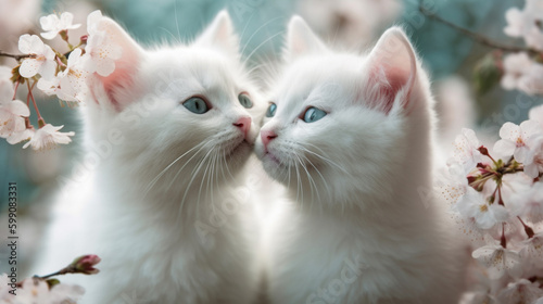 Two white kittens with cherry blossom flowers on a brown background.generative ai