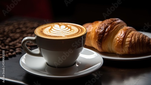 A cup of coffee with latte art and croissant on a plate. Generative AI 