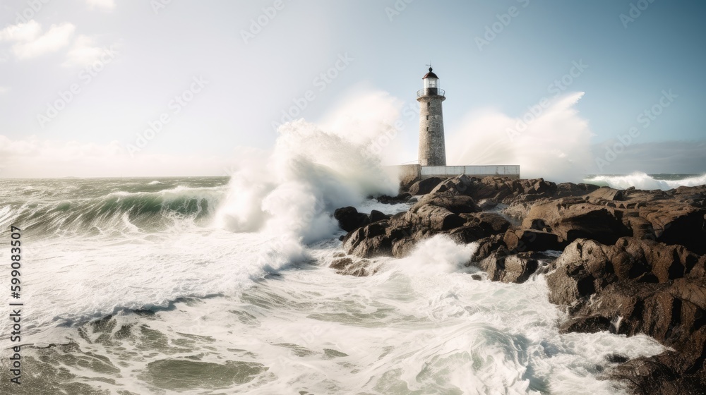 A lighthouse on the coast of the island country with waves crashing on the beach. Generative AI