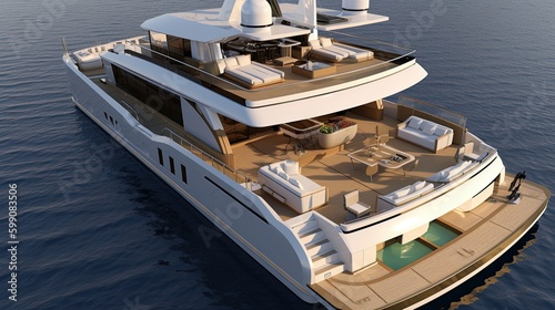 A futuristic luxury white yacht on an coean with a golden design. Generative AI photo