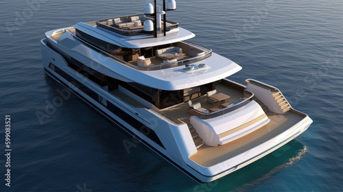 A futuristic luxury white yacht on an coean with a golden design. Generative AI photo