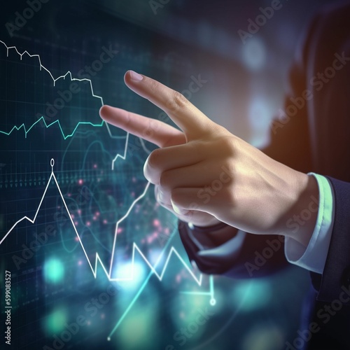 Stock market trading concept with businessman touching digital screen with glowimg financial graphs and diagram. analyzing sales growth technique graph formulate marketing strategies  photo