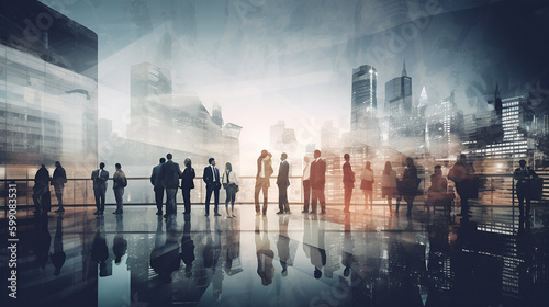 Double exposure image of many business people conference