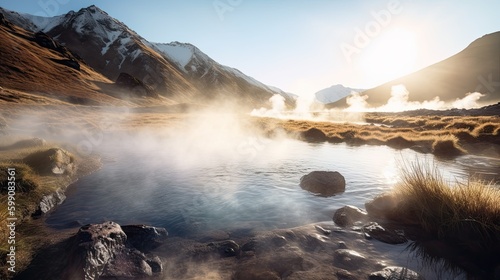 A natural hot spring with steam rising from the water. Generative AI 