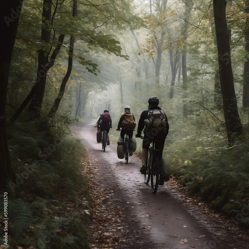 people riding bikes in the woods